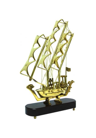 Pirinç Yelkenli Gemi Ahşap Kaideli Ev Ofis Dekorasyon 33cm