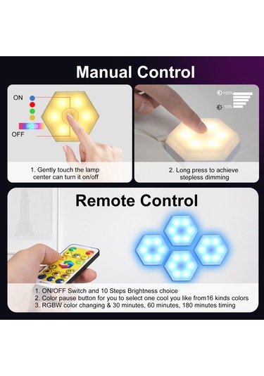 Rgb Led Renk Değiştiren Altıgen Dolap Işığı Beyaz 6 Adet Beyaz