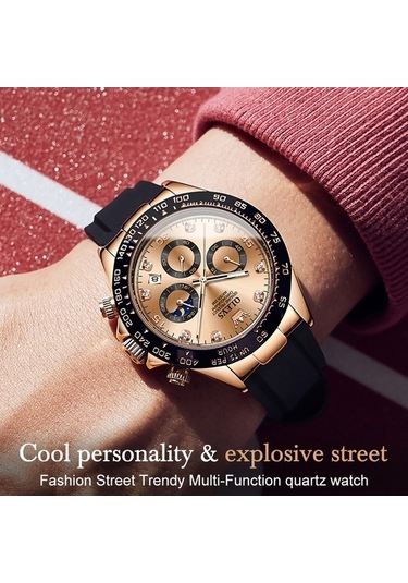 Novahub Olevs 2875 Erkekler Multifonksiyonlu Spor Kronograf Su Geçirmez Kuvars Saat Gül Altın Renkli Çok Renkli