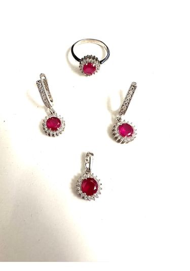 Gümüş Set Takım Pırlanta Görünümlü Kök Yakut Ve Zirkon Taşlı
