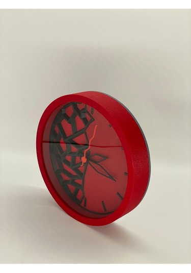 Modern Sanat Dokunuşuyla Parçalanan Zaman Duvar Saati Kırmızı Zemin Ve Kırmızı Kasa Siyah