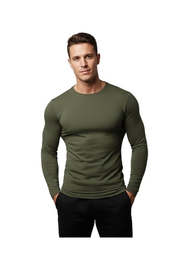 Deepsea Erkek Haki Uzun Kollu Dar Kalıp Ince Sıfır Yaka Sweatshirt 2300423 False Haki