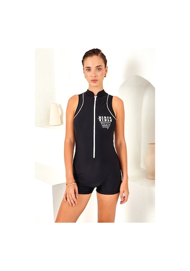 Moon Wear Lapieno 4161 Fermuarlı Kolsuz Paçalı Sörfçü Mayo Siyah