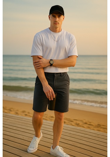 Pobudo Antrasit Renk Pamuk Kumaş Chino Erkek Şort 2025-1784 Antrasit