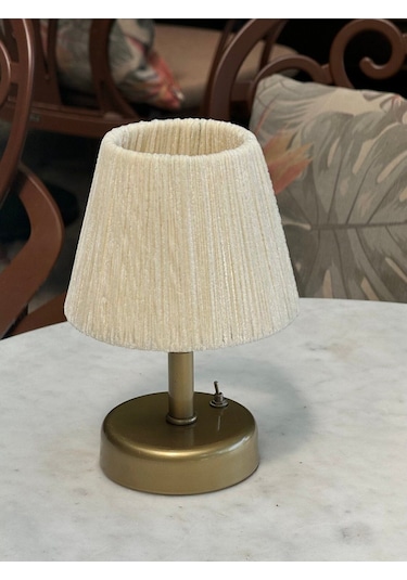 Krem Kadife Kablosuz Masa Lambası Eskitme Gold Ayaklı Abajur Aydınlatma
