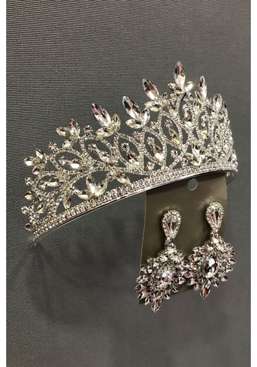 FdayAksesuar Zerda Gümüş Renk Gelin Tacı Ve Küpe Seti FRDY31373