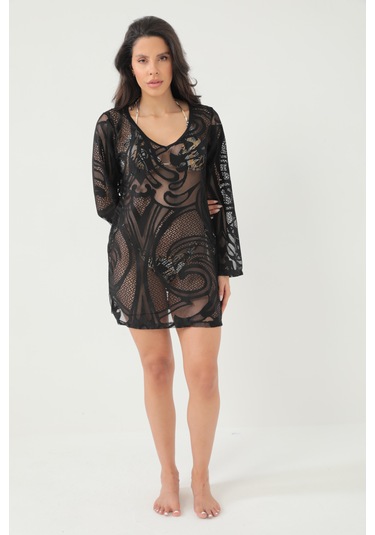 Kolları Volanlı Şal Desen Elbise Siyah