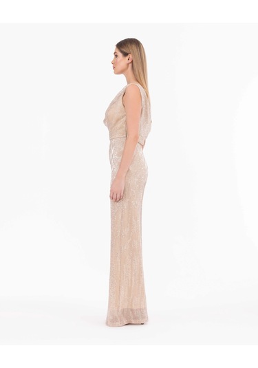 Degaje Yaka Tam Boy Askılı Abiye Tulum-gold Gold