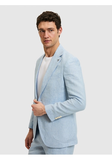 Cacharel Açık Mavi Slim Fit %100 Keten Mikro Desen Mono Yaka Ceket Denim