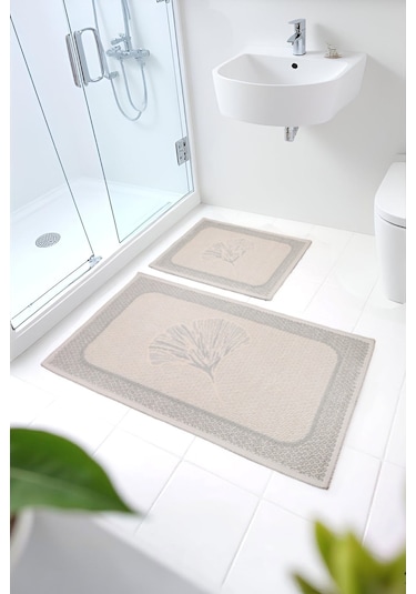 Naturel Pamuklu Kilim Yıkanabilir Banyo Paspası 2'li Klozet Takımı 60x100-50x60cm Çiçekli Bej