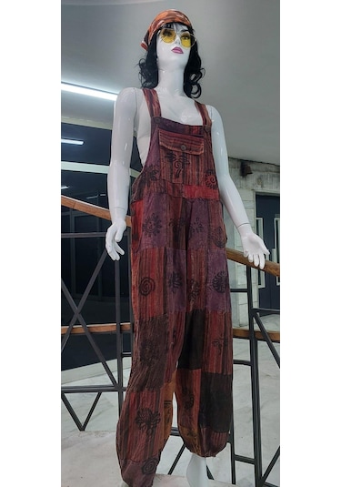 Hint Otantik Yıkamalı Taşlanmış Kahve Tonlu Şalvar Tulum Çok Renkli