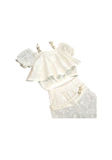 İspanyol Paça Pantolonlu Keten Kız Çocuk Takım Beyaz