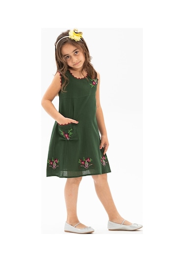 Burçak Şile Bezi Kız Çocuk Elbise Yeşil