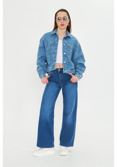 Mavi Yıkamalı Oversize Denim / Kot Ceket Orta Mavi