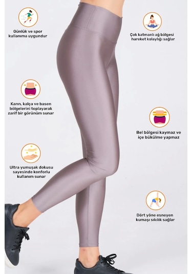 Enenstyle Fashıon Boutıque Kadın Konforlu Yeni Sezon Sporcu Modeli Yazlık Spor Taytı Fitness Gym Training Parlak Spor Tayt Gri