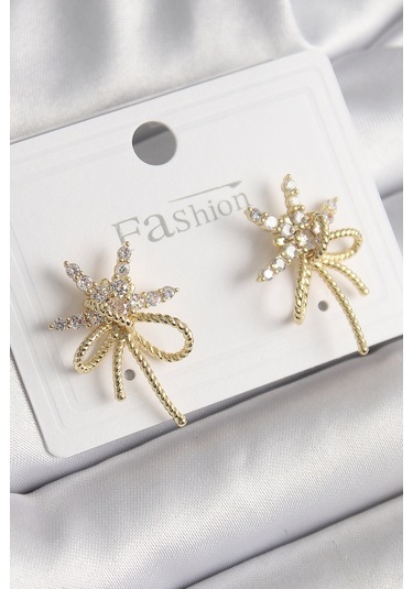 Pirinç Gold Renk Zirkon Taşlı Yıldız Düğüm Model Kadın Küpe Çok Renkli