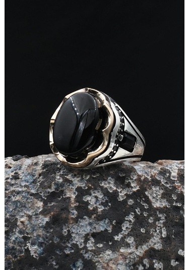 Oniks Taşlı Gümüş Yüzük 925 Ayar Zirkon Taş Süslemeli 902037 Gümüş