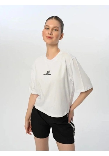 Kız Çocuk Nakışlı Oversize Tasarım Şort Takım-15775 Beyaz