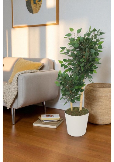 Yapay Ficus Benjamin Ağacı Dolgun Yeşil Yapraklı, Ev Ve Ofis Dekorasyonuna Uygun, Bambu Gövdeli Yeşil