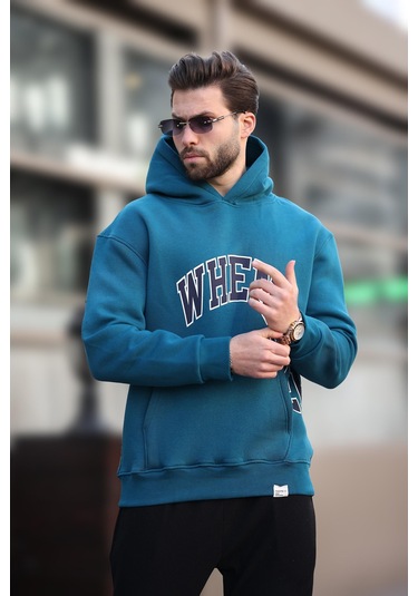 Madmext Petrol Mavisi Kapüşonlu Baskılı Cep Detaylı Erkek Sweatshirt E7065 Petrol Mavisi