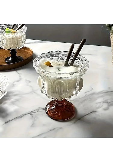 Maxaccess Siyah Noktalı 2'li Kehribar Retro Cam Dondurma Kaseleri - Yeniden Kullanılabilir Geri Dönüşümlü