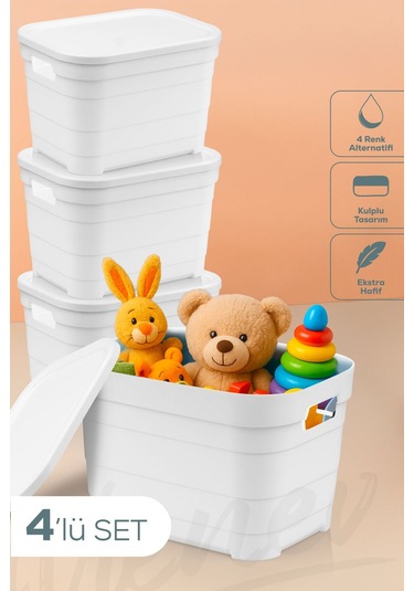 Vienev 4'lü Kapaklı 5 Litre Saklama Kutusu Beyaz Beyaz