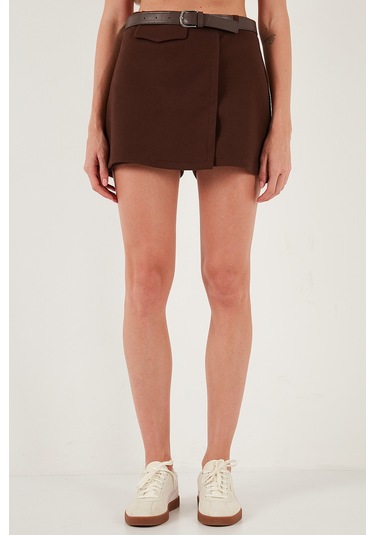 Lela Pamuk Karışımlı Relaxed Fit Yüksek Bel Mini Boy Bayan Şort Etek 611Sr0037 Kahve