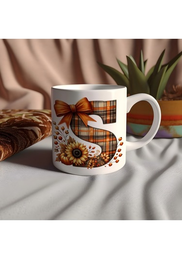 S Harfi Ekose Ve Sonbahar Temalı Kupa Bardak - Kişiye Özel Sıcak Tonlar Alfabe Kupa - Hediye Beyaz