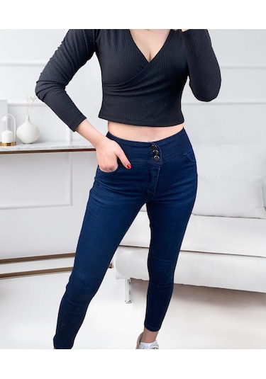 Simala Yüksek Bel Likralı Jean Pantolon 90 Cm Lacivert