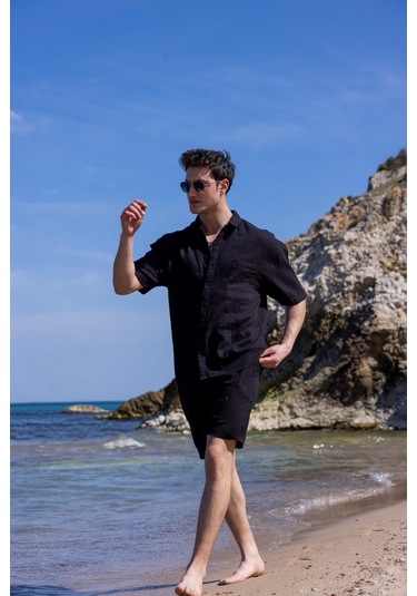 Keten Kumaş Siyah Renk Cep Detaylı Gömlek Şort Erkek Takım-1732 Siyah