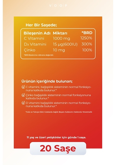 Voop C Vitamini D3 Vitamini ve Çinko 20 Saşe