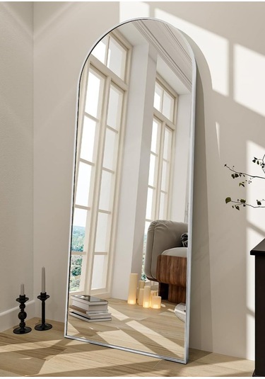 Zer 160x55 Kemerli Zemin Aynası,tam Boy Aynalı Duvar Aynası, Yatak Odası, Giyinme Odası İçin Standlı GÜMÜŞ