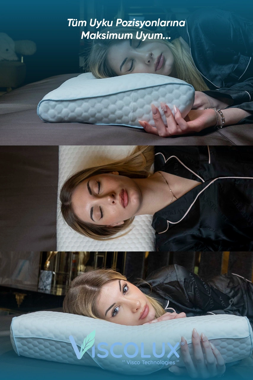 Servikal Boyun Destekli Ortopedik Yastık - Boyun Düzleşmesi Visco Yastık 56x34x10,5 Mavi