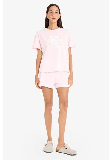 Defacto Pijama Takımı Kısa Kollu Üst Esnek Belli Şort-fall İn Love F4678ax25smpn648 Pembe