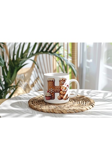 H Kurabiye Harf Ve Ayıcık Detaylı Kupa Bardak - Yeni Yıl / Yılbaşı Temalı Tasarım - Noel Hediye Beyaz