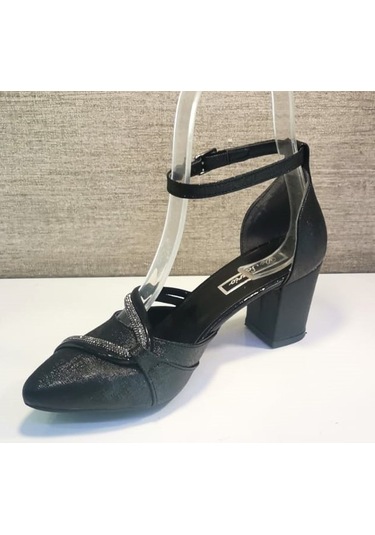 De Scarıo 644 Kadın Taşlı Bel Açık Ön Ve Arka Kapalı Kalın Kısa Topuk Ayakkabı Siyah