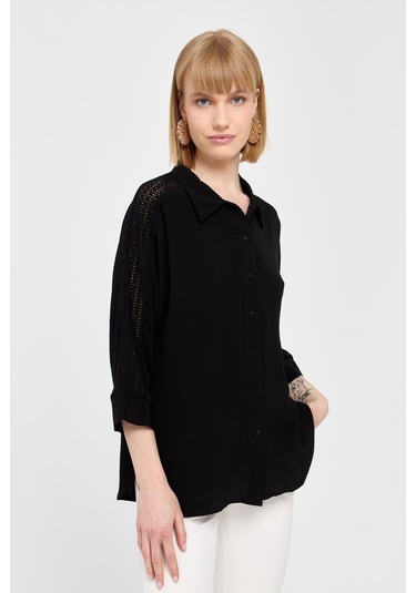 Kadın Kolları Dantel Şeritli Maroken Gömlek Siyah Siyah