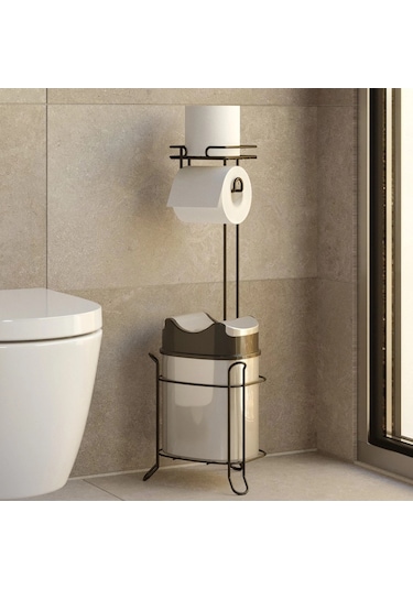 Banyo Tuvalet Kağıdı Askısı Çöp Kovası Yedekli Ayaklı Siyah Siyah