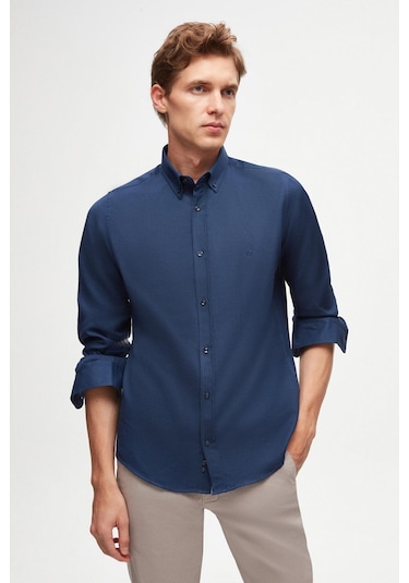 Ds Damat Slim Fit İndigo Oxford Düğmeli Yaka Kolay Ütülenebilir Nakış Detaylı Pamuklu Gömlek 4HC02ORT03265 İndigo