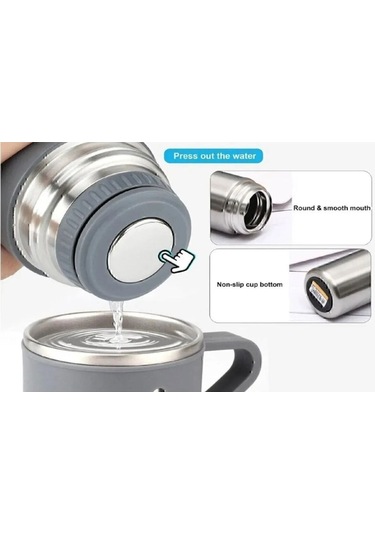 Paslanmaz Çelik 3 Bardaklı Vakumlu Vacuum Termos Set 500 Ml, 12 Saate Kadar Isı Koruma Termos Gri