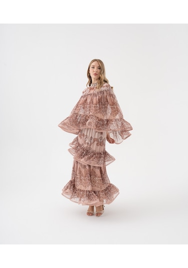 Dantel Desenli Katlı Şifon Volanlı Bluz Kahve