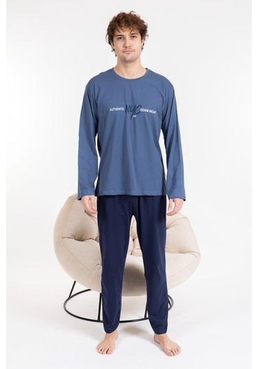 Erkek Penye Pamuk Regular Kalıp Sıfır Yaka Kaliteli Pijama Takımı A803123 Mavi