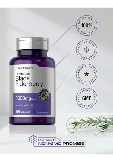 Horbaach Sambucus Black Elderberry 3000mg 180 Capsul.usa Me... Aromasız