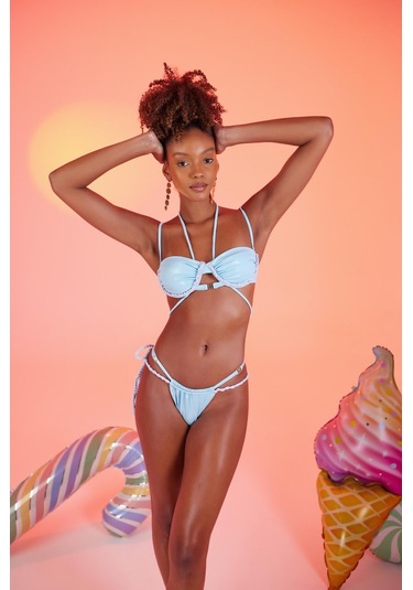 Holly Lolly Özel Yapım Parlak Kumaşlı Premium Mia Bikini Üstü Mavi