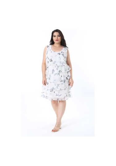 Kadın Büyük Beden Kemik Şifon Kumaş Volan Detaylı Astarlı Kat Kat Elbise 65n38197-kemik Kemik