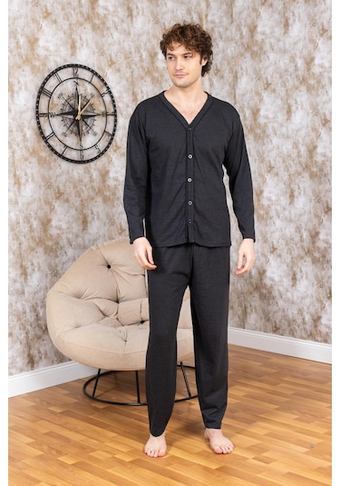 Erkek Boydan Düğmeli Yüksel Kalite Pamuk Pijama Takımı 16511 Antrasit