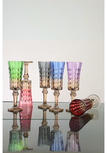 Çift Renk Flüte 6'lı Kristal Ayaklı Kahve Yanı Su Bardağı