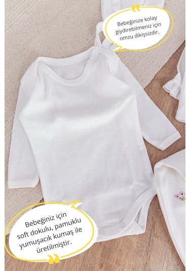 Çiçek İşlemeli Güpürlü Pamuklu 10 Parça Kız Bebek Hastane Çıkışı Bebek Takımı Beyaz