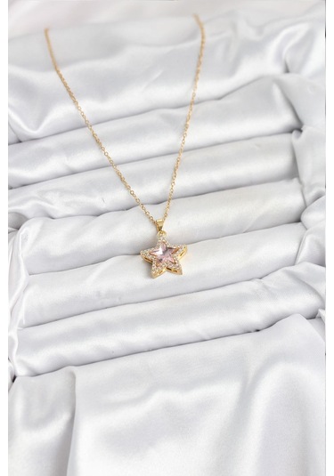 316l Çelik Zincir Pembe Taşlı Yıldız Model Kadın Kolye - Prt3500eb09342-95264 altın