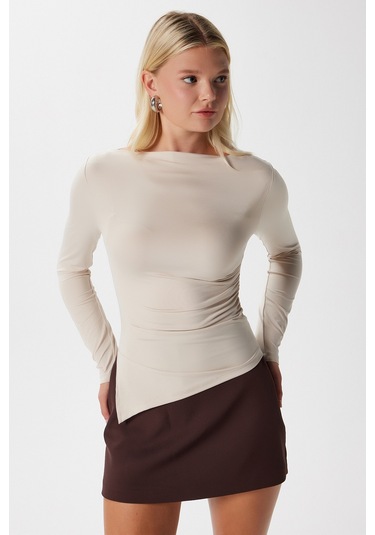 Kadın Most Poliamid Asimetrik Bej Uzun Kol Bluz Bej